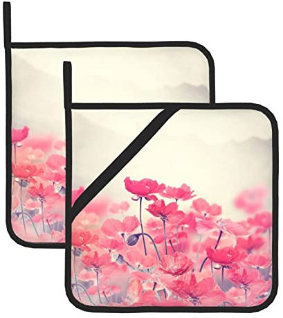 Kochtopf-Set mit roten Blumen, Isolier-Set, bedrucktes Muster, 20,5 x 20,5 cm, quadratisch, Isoliertopf-Set (zweiteiliges Set), Polyester-Material, Isoliertopf-Set