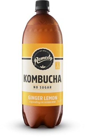 Remedy Kombucha Tea - Ginger Lemon - Sparkling Live Cultured, Naturally Sugar Free Soft Drink - Probiotic for Gut Health - 1 x 1L Bottle