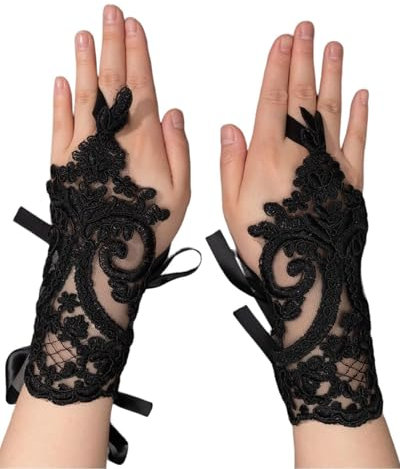 TPZORJX 1 Paar Damen Fingerlos Spitze Handschuhe - Kurz Blumen Bestickt Handschuhe Schwarze Teeparty Handschuhe Opernball Braut Handschuhe Halbhandschuhe für Hochzeiten Party(Schwarz)