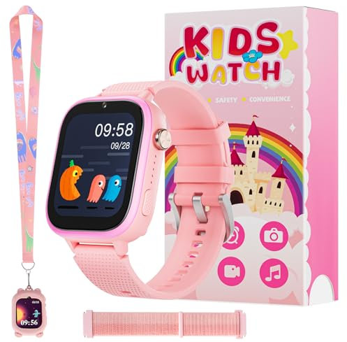 OKYUK 4G Kinder smartwatch, smartwatch Kinder mit GPS und Telefon,Armbanduhr Kinder Junge mädchen,mit Video Phone Call, Nachrichten, Schulmodus, SOS-Funktion, Kamera und Schrittzähler (Rosa)