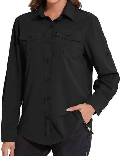 Tuopuda Hemdbluse Damen UV Shirt UPF50+ UV Schutz Safari Kleidung Wanderbluse Outdoor Cooling Sonnenschutz Langarm Luftiges Hemd Tops Sport Oberteile Atmungsaktiv, Schwarz, M