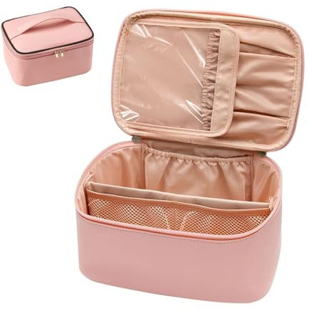 MIUUIPI Kosmetiktasche, Groß Kulturtasche Damen Make Up Tasche Organizer, Reise Schminktasche mit Griff und Teiler, Wasserdichtem Leder Tragbare Kosmetiktasche Kulturbeutel, Rosa