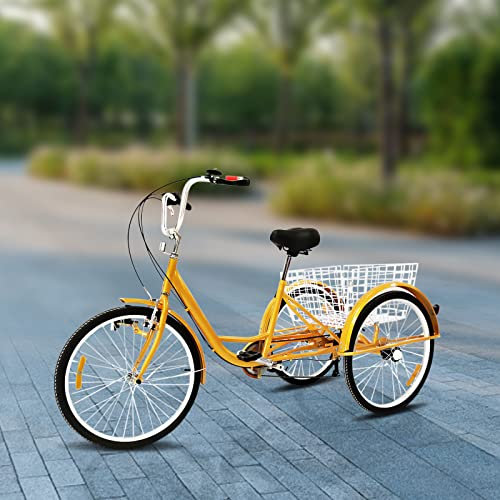 Trehjulig cykel för vuxna, 24 tums vuxen trehjuling 6-växlad lastcykel justerbar sadelhandtag gul 180 cm x 76 cm