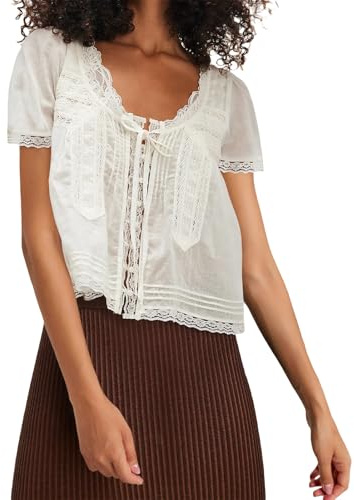 Women Y2k Sheer Lace Trim Button Up Tank Tops Cute Front Tie Up V Neck Going Out Blouse Shirts Vest Summer