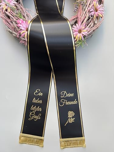 (19 Farbe Auswahl) SuperSatin Trauerschleife mit Text personalisiert, Grabsgesteckband Bedruckt nach Wunschtext, Urnen- Grabstrausschleife, Kranzschleife (Schwarz, 100mm)