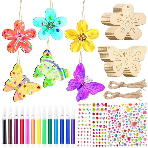 Noaxylic 40 Pezzi Artigianato in Legno per Bambini Fai da Te con Farfalle, Legno Fai da Te Bricolage, Fiori Farfalla, con Penne Colorate e Adesivi Pietre, perGiocattoli, Compleanno, Artigianato