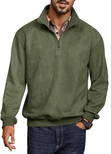 VOGSTART Men's Classic Work Shirts Golf Retro Pullover Zipper Quarter Zip Stand Up Collar Mock Neck 3/4 Zip Zip Sweatshirt Olive XXL