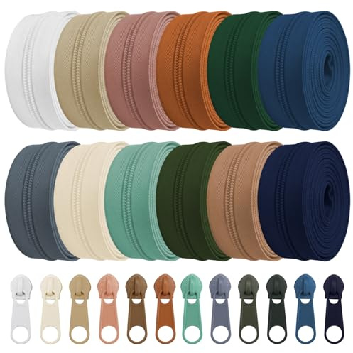 Yocdunm 36 Yards 12 Pieces #5 Sewing Zippers Tapes DIY Open Ended Zip with 120 Sliders,Zipper Sliders for Women Men Sewing Supplies (Morandi Color)