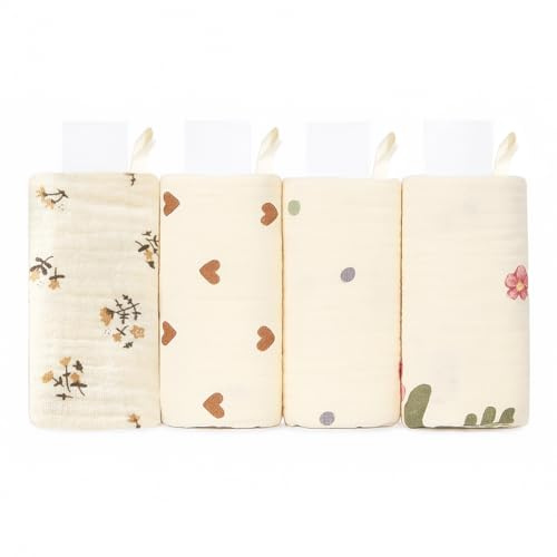 JYNVO 4 stycken baby muslin-squares, 100 % bomull mjuka dregellappar baby, andas och vattenabsorption, babyhanddukar nyfödda, för matning torka tvätt, 25,5 x 27,5 cm, blommönster