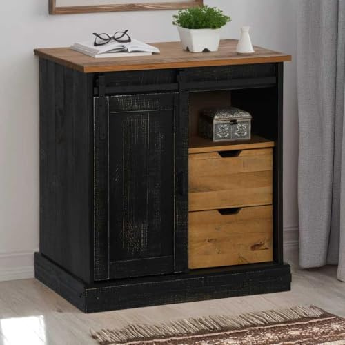 Mokuyary Sideboard with Sliding Door, Black, 80 x 40 x 80 cm, Solid Wood Chest of Drawers with 2 Drawers, Kitchen Cabinet, Storage Cabinet, Side Cabinet for Living Room, Hallway, Kitchen