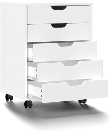 Bonnlo Mobile File Cabinet, 5 Drawers Wooden File Organiser White