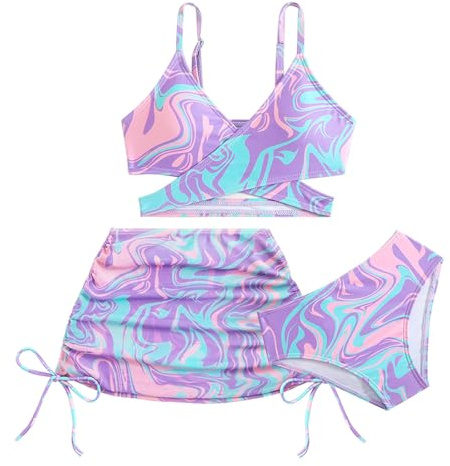 viiotu Bikini Fille 3 Pièces avec Jupe,Maillot de Bain Fille Ensemble Bikini avec Jupe Tissu Élastique Léger