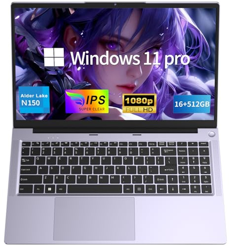 NAIKLULU Computer Portatile 2026 15.6 Pollici, Processore N150 (1,2 a 3,6 GHz), 16GB RAM 512GB SSD Pc Portatile Laptop, Tastiera Completa Retroilluminata, Batteria 6000mAh