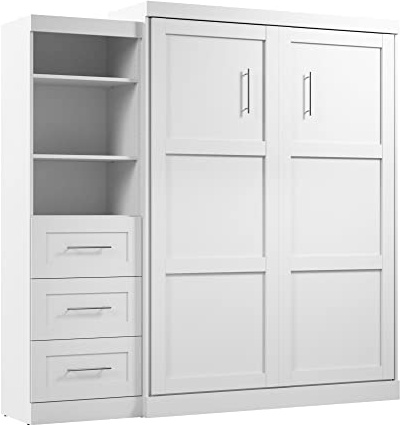 Bestar Pur Queen Murphy Bed and Shelving Unit with Drawers, 90-inch Space-Saving Wall Bed