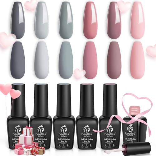 beetles Gel Polish- Bridesmaid Beauty Classic Nude Gray Pink 6 Colors Gel Polish Kit Popular Nail Art Design Soak Off LED Lamp Nail Polish Gel DIY Manicure Kit Valentines Nail Art