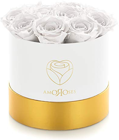 Amoroses 12 Rose Stabilizzate Vere durano Anni - Idea Regalo per Lei Originale Elegante Bouquet per Compleanno, Laurea e Altre Occasioni Speciali (Scatola Bianca con Rose Bianche)
