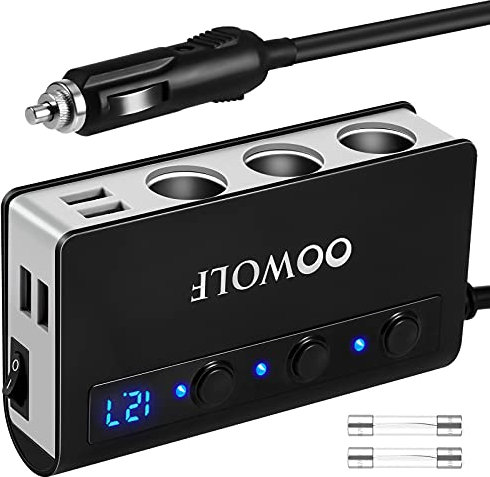 OOWOLF Zigarettenanzünder Verteiler, QC 3.0 180W 12V/24V, Adapter Auto Ladegerät, 3 DC Steckdose Splitter 4 USB Anschlüsse KFZ Verteiler für Smartphone, Tablet, GPS, Navi