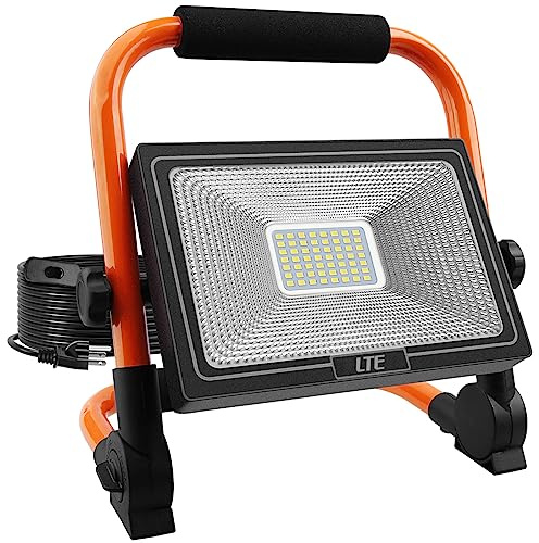 LTE 50W LED Work Light, 4300LM 500W Equivalent Portable Light IP66 Waterproof Outdoor Flood Lights 16.4FT Cable with Plug Switch, 5000K Daylight, Adjustable Job Site Lighting for Garage Workshop