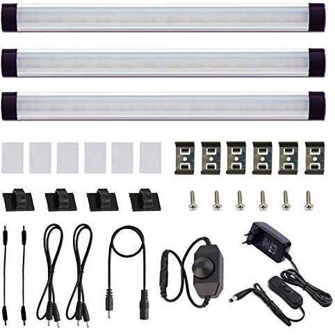 AIBOO Juego de 3 Barras LED Regulables con Interruptor, Cocina Debajo de La Luz del Gabinete, Luces de Barra de Cocina para Encimera con Atenuador de Dial, Iluminación de Armario(Blanco Frio 6000K)