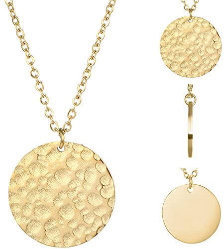 BONNYBIRD® Platten Kette Gold Damen Edelstahl Halskette mit Platte Coin Plättchen Anhänger Gehämmert Boho Runde Goldkette Schmuck Wasserfest Frauen Vergoldet Goldschmuck Bohemian Layering