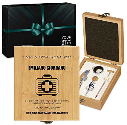 Maverton Set Cavatappi da Vino - Kit da Sommelier Degustazione Perfetta Personalizzato - Scatola in Legno di bambù + 4 Pezzi di Accessori Vino - Regalo Uomo - Regalo di Natale - Pronto Soccorso