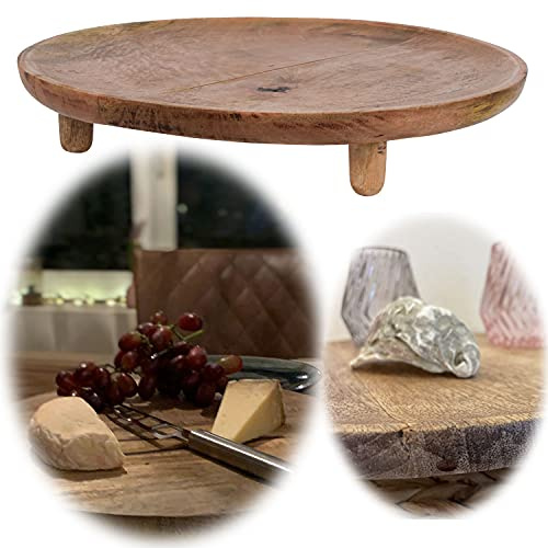 LS-LebenStil XL Mango Serviertablett 37cm Rund Holz Tablett auf Füssen Küchenbrett Käsebrett Wurstbrett Schneidebrett Servierplatte Servierbrett