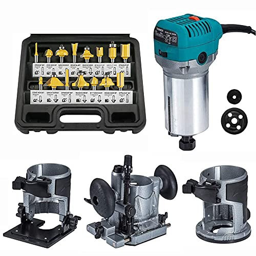 Woodworking Router with Trimmer Base, Tilt Base & Plunge Base - Compact Palm Router Multifunctional Kit + 15pcs 1/4 Router Bits, Electric Hand Laminate Trimmer Set Wood Routing Trimming