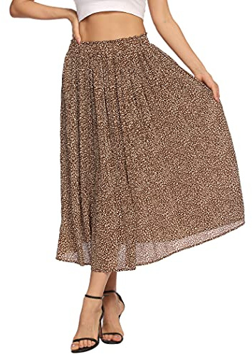 Parabler Gonna Midi Donna Chiffon retrò Gonna Lunga Boho Elastico in Vita Maxi Gonna Primavera Estate Gonna Plissettata con Tasca Marrone M