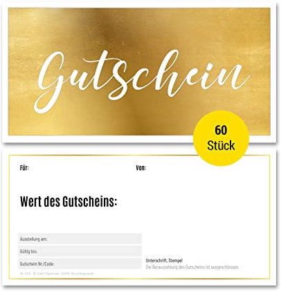 Frank Paperman® | 60x Geschenk Gutschein blanko für Kunden mit funkelnder Goldprägung | Gutscheine zum selber Ausfüllen | Gutschein Vordruck im Format DIN Lang Plus