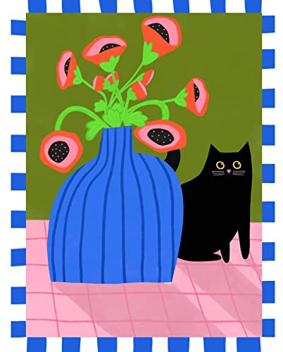 Wee Blue Coo Blue Patterned Vase and Black Cat Illustration Large XL Wall Art Canvas Print