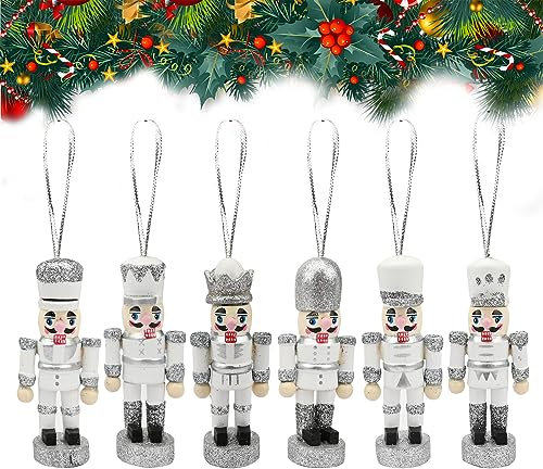 6 Piezas 8cm Navidad Cascanueces Tradicional de Navidad,Cascanueces de Madera de Navidad Decoración Colgante,Brillo de Plata Cascanueces Figuras Adornos,Navidad Colgante de Árbol de para el Hogar