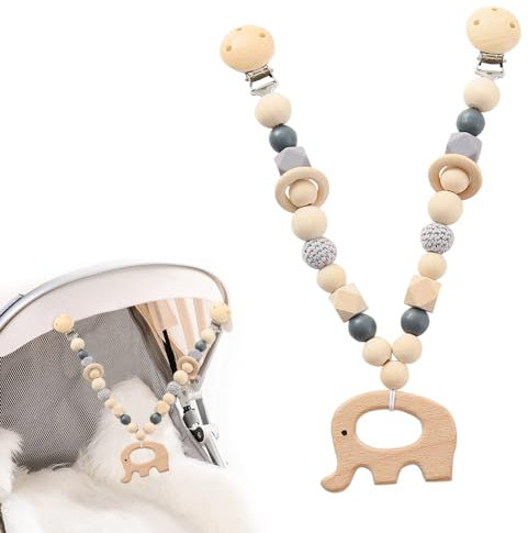 FENYW Kinderwagenkette Holz Baby, Home Kinderwagenkette Holz, Kinderwagenkette Junge Holz, Kinderwagen Spielzeug Aufhängen für Babys und Kleinkinder ab 0+ Monaten(Elefant)