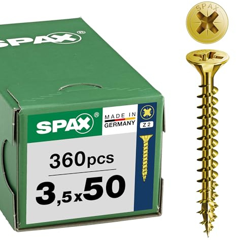 SPAX Tornillo universal 3,5 x 50 mm, 360 unidades - Tornillos para madera, rosca completa, cabeza avellanada, ranura en cruz Z2, 4CUT, recubrimiento YELLOX - 8000000286933
