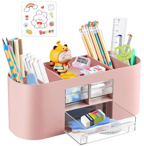 WuGU Organizer Scrivania, Portapenne da Scrivania con 10 Scomparti e 2 Cassetti, Porta Penne per Scrivania, Organizzatore Scrivania, Accessori Scrivania per Casa, Ufficio, Scuola (Rosa)