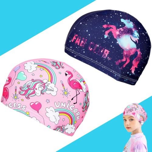 Bonnets de Bain en Silicone pour Enfants, Bonnets de Bain pour Filles de 2 à 8 Ans, Bonnet de Natation Imperméable pour Cheveux Longs et Courts（2 Pièces)