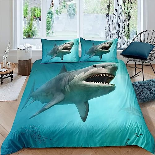 Homemissing Horror Shark Duvet Cover Ocean Marine Theme Bedding Set Sea Underwater World Single Size Bed Cover for Children Teens Room Decor Creature Sealife Bedspread With 1 Pillow Case