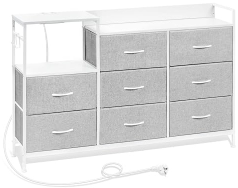 WOLTU Kommode mit 8 Schubladen aus Stoff, Stoffkommode mit Steckdosen, Kommodenschrank für Schlafzimmer Wohnzimmer Flur, aus Metallrahmen Holzwerkstoff, Hellgrau+Weiß, SSK007hgws