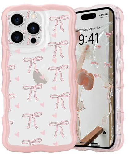 L-FADNUT Bow Case for iPhone 16 Pro, Curly Wavy Frame Cute Girly Bow Ribbon Pretty Phone Case, Soft Wave Clear Slim Silicone Shockproof Anti-scratch Cover for Women Girl, Small Heart