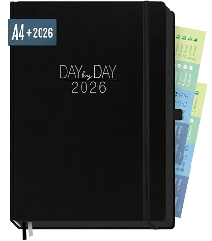 Häfft® Organizer Day by Day Maxi 2026 A4+, 1 Tag 1 Seite “Schwarz” | Terminplaner 2026 mit Ledereinband, Praxisplaner im 30 min Takt, 3 Spalten, Tageskalender
