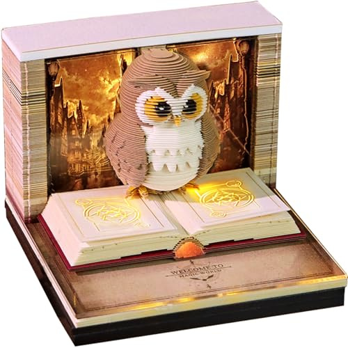 Time Piece Calendar 2026-3D Calendar 2026 With Lights 3D Memo Pads DIY Art Memo Pad, Creative Paper Carving Gift for School Home Office (Magic Owl)