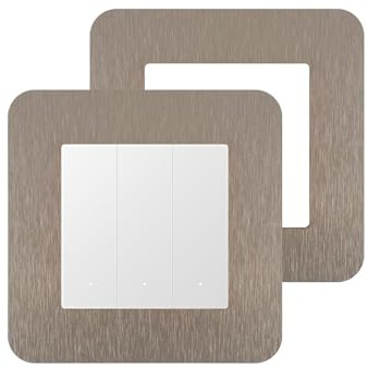 KUKUJIWA 2PCS Light Switch Cover Plate Surrounds Champagne, Aluminum Wall Plate Frame for Standard UK Switches (8.6x8.6cm), Self-Adhesive Home Wall Decoration & Protection (14.6x14.6cm)