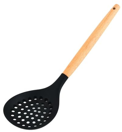 1PC Silicone Skimmer Spoon, Non-Stick Silicone Slotted Skimmer Spoon, with Heat-Resisting Comfortable Wooden Handle, Durable Draining Spoon for Kitchen Cooking, Vegetables,12.6 Inch(Color:Black)