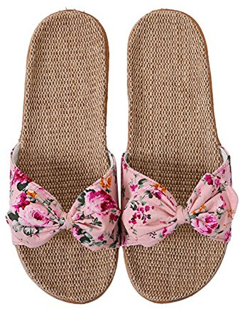 IBLUELOVER Pantoufles Femme Sandales Plage en Lin Chaussons Antidérapantes Tongs Décoration de N½uds Papillons Chaussures Bout Ouvert Respirant Slippers Salle de Bain Piscine Maison Bureau