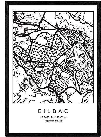 Nacnic Lámina Mapa de la Ciudad Bilbao Estilo nordico en Blanco y Negro. Poster tamaño A3 Sin Marco Impreso Papel 250 gr. Cuadros, láminas y Posters para Salon y Dormitorio