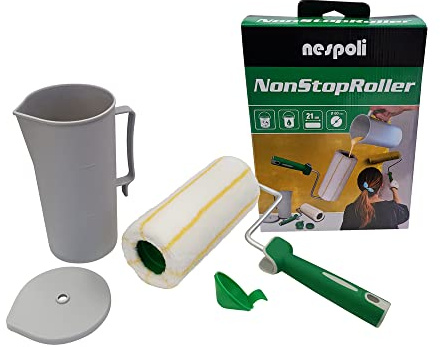 Nespoli - Rullo per Pittura NonStopRoller 21cm con Caraffa, Rullo con Serbatoio per Imbiancare Antigoccia e Antispruzzi - Rulli per Pittura Murale, Stesura Omogenea, Viscosimetro Incluso