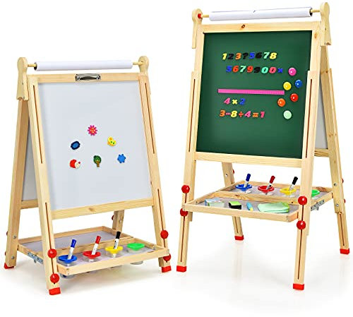 COSTWAY Chevalet Pliable en Bois pour Enfants, 3 en 1 Tableau à Dessin Réglable en Hauteur avec Tableau Noir & Blanc, Rouleau de Papier, Plateau de Rangement et Accessoires Complets, Naturel