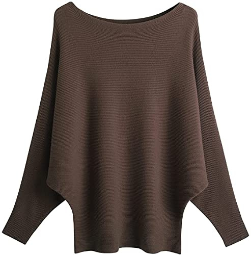 GXIN Jersey de Mujer Sin Hombros Manga murciélago Jersey Holgado Jersey Informal Jersey Oversize de Punto cálido (Marrón)