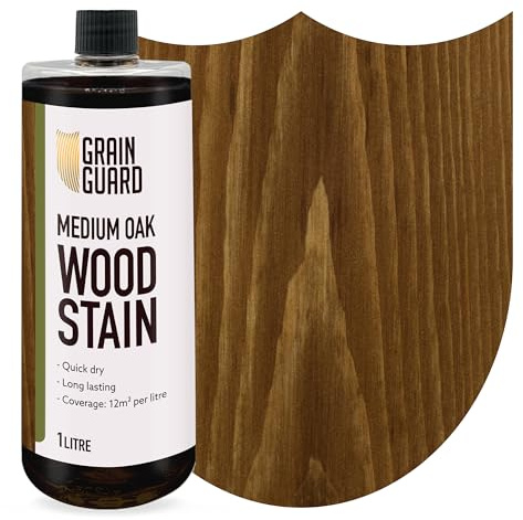 GRAIN GUARD Wood Stain Water Based | Medium Oak | 1L | Interior Furniture Stain | Light & Dark Stains | Eco-Friendly & Non-Toxic Wood Dye | Easy Application | Quick Dry & Low Odour