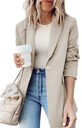 Dokotoo Women's Blazers & Suit Jackets Open Front Buttons Fashion Jacket Solid Color Work Office Spring Blazer Jackets for Women Business Casual Khaki Medium