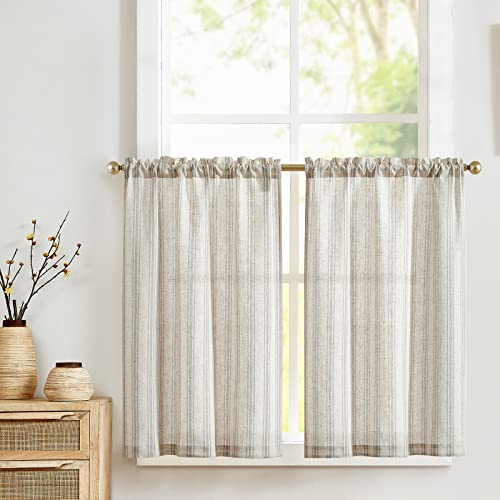 VANGAO Randig gardin, linne, randig, bistrogardin, halvtransparenta fönstergardiner, köksgardin, kort fönstergardin för vardagsrum, litet fönster, lantställe, grå, 65 x 90 cm (B x H), 2 stycken